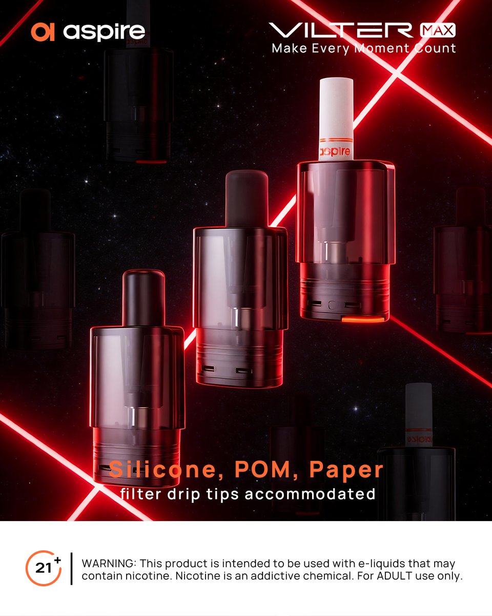 aspirecigs's tweet photo. Silicone, POM, Paper filter drip tip accommodated
More: https://t.co/LgelS3hhJo
#Aspirecigs #VilterMax #VilterSeries #MTL #RDTL #DTL #AlwaysAspire
WARNING: For 21+ adults use only! https://t.co/OM2bnFShg0