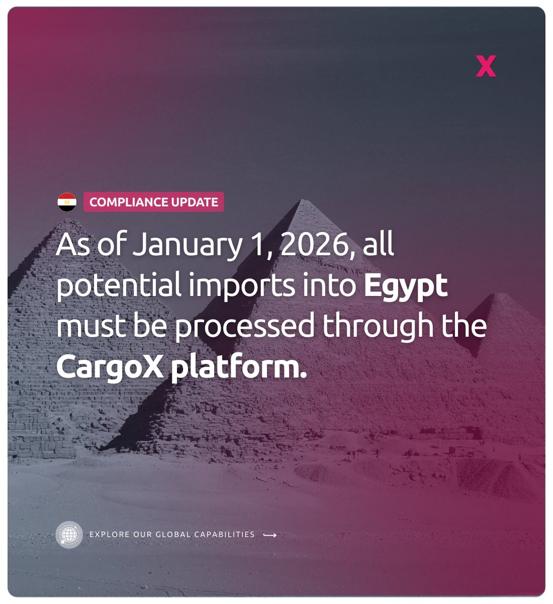 TecEx_'s tweet photo. Egypt has introduced major trade reforms, including the mandatory use of the CargoX platform, which creates a more complex yet manageable landscape for global trade.
💡Navigate Egypt’s stringent regulatory requirements: https://t.co/mPtxUD2vN9
#techtrade #cargox #egypttrade https://t.co/ZfgRA2gClB