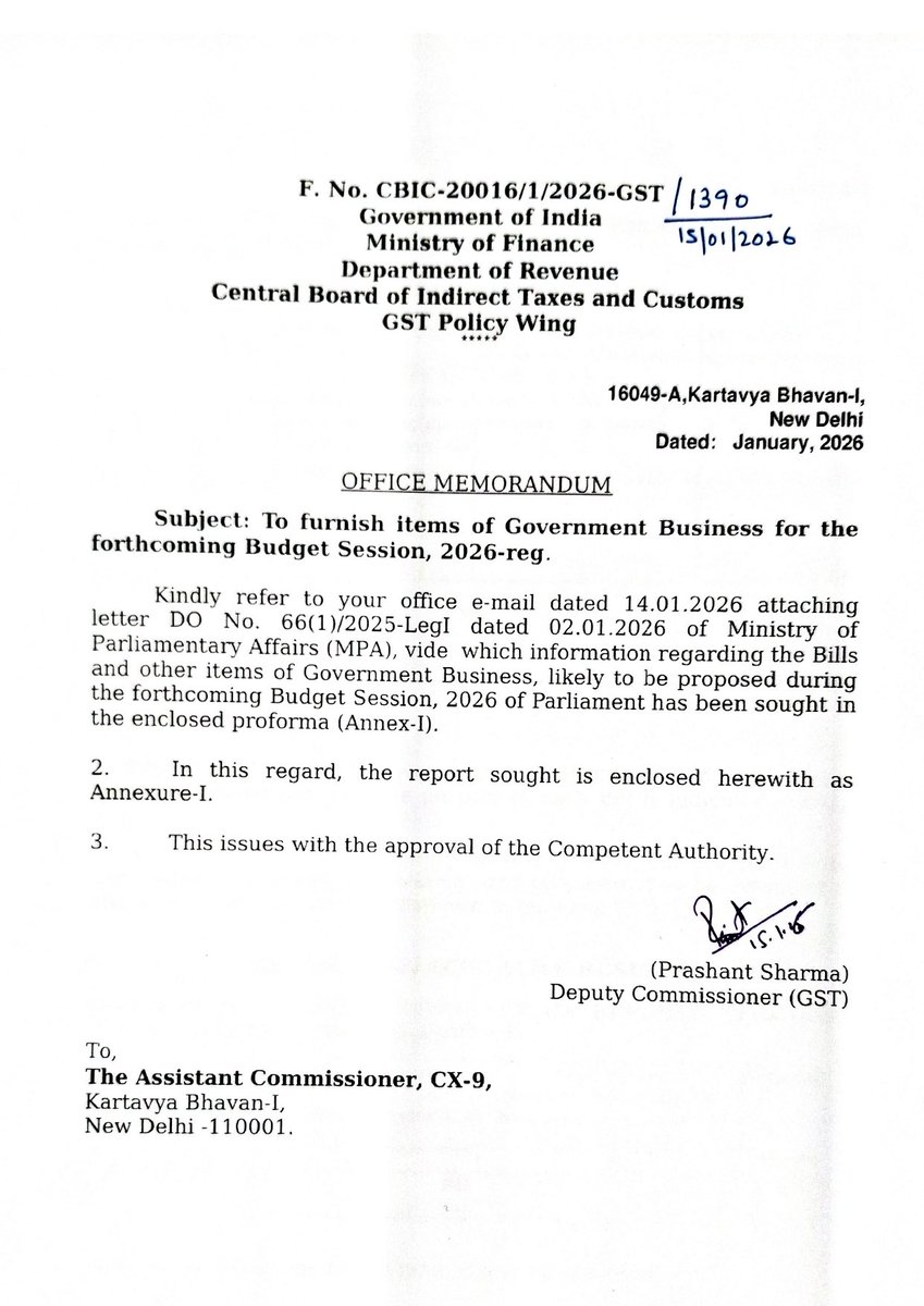 InGSTPortal's tweet photo. CBIC has communicated to the Ministry of Parliamentary Affairs that there will be no legislative or non-legislative business for them to present in the upcoming budget session.

#Budget2026 https://t.co/AMfPHy8Aok