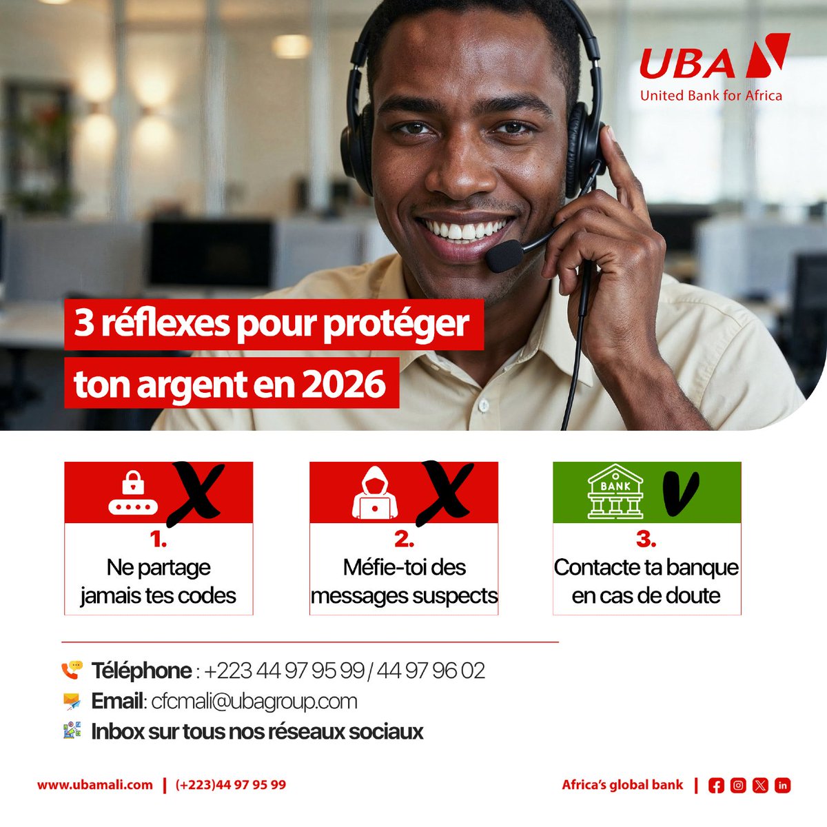 UBA_Mali's tweet image. Même si on te réveille de sommeil là, tu dois ABSOLUMENT avoir ces 03 réflexes car protéger son argent, c’est aussi une bonne décision financière.​

UBA Mali veille sur toi.​

#UBATips #ExpérienceClient #UbaMali #AfricasGlobalBank