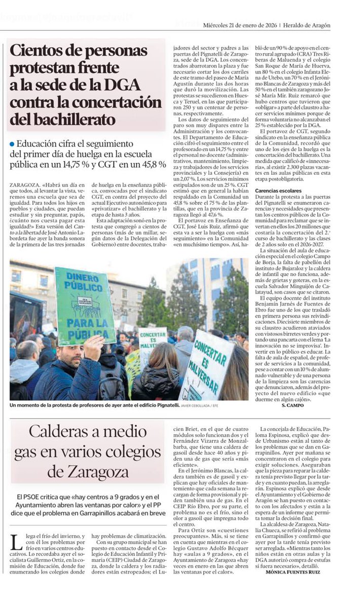 Amplio seguimiento de la Huelga de Educación en todo Aragón.