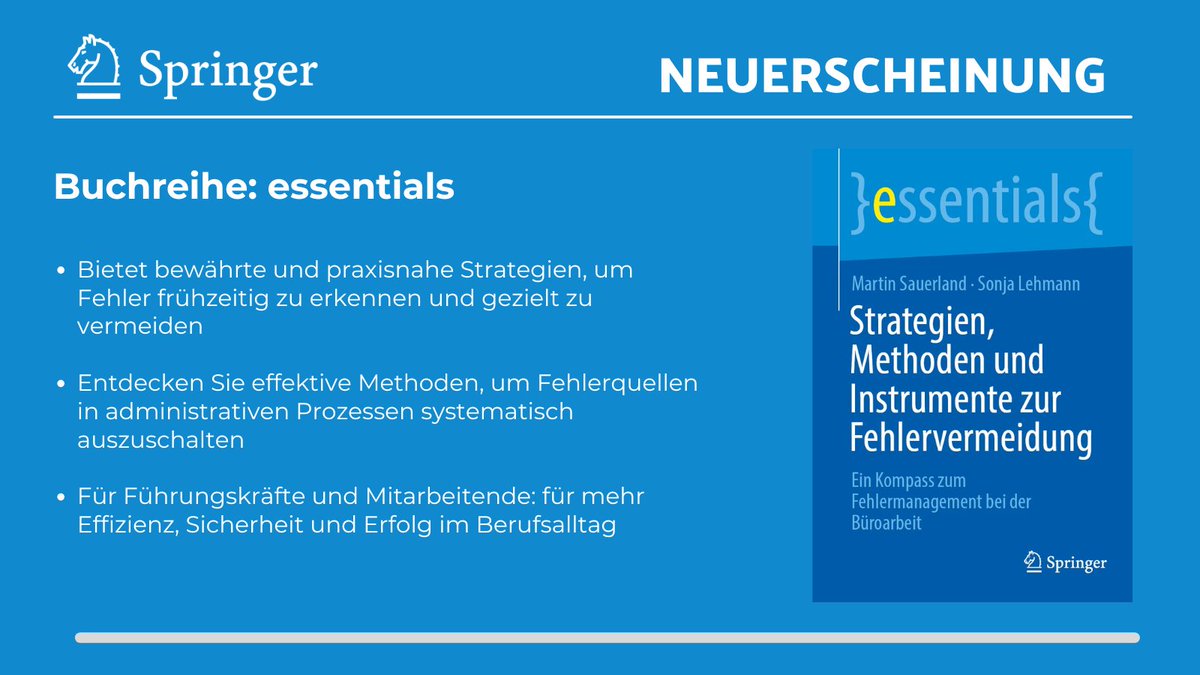 SpringerPsy's tweet image. +++ NEU +++ Gute Vorsätze für 2026: weniger Fehler, mehr Erfolg.
Das neue essentials „Strategien, Methoden und Instrumente zur Fehlervermeidung“ zeigt praxisnah, wie typische Bürofehler früh erkannt &amp;amp; vermieden werden. 
📷 shorturl.at/W9F3C