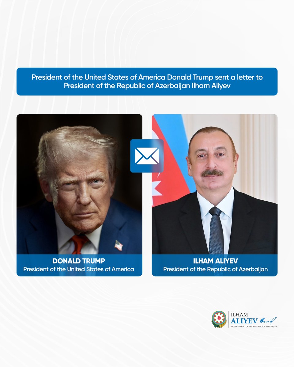 presidentaz's tweet image. President of the United States of America Donald Trump sent a letter to President of the Republic of Azerbaijan Ilham Aliyev.

president.az/en/articles/vi…
