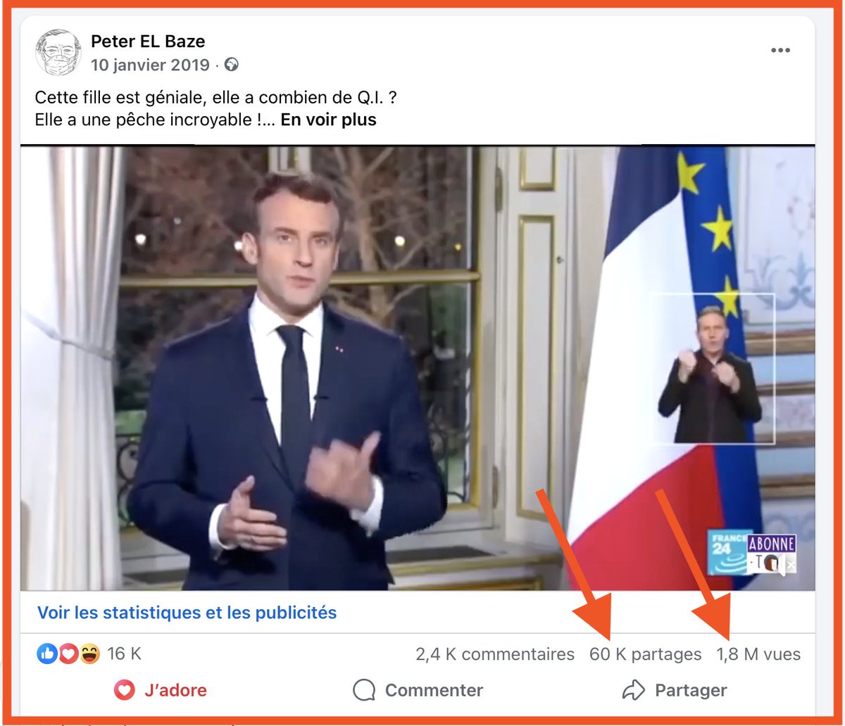 Copie d'écran de ma publication sur FB du 10 janvier 2019 quand je n'étais pas encore politiquement censuré :
1 850 000 vues 
60 000 partages
A partir du 15 janvier 2019 : censure totale de toutes mes publications sur FB et ensuite sur X France depuis 2021 
Liberté d'Expression ?