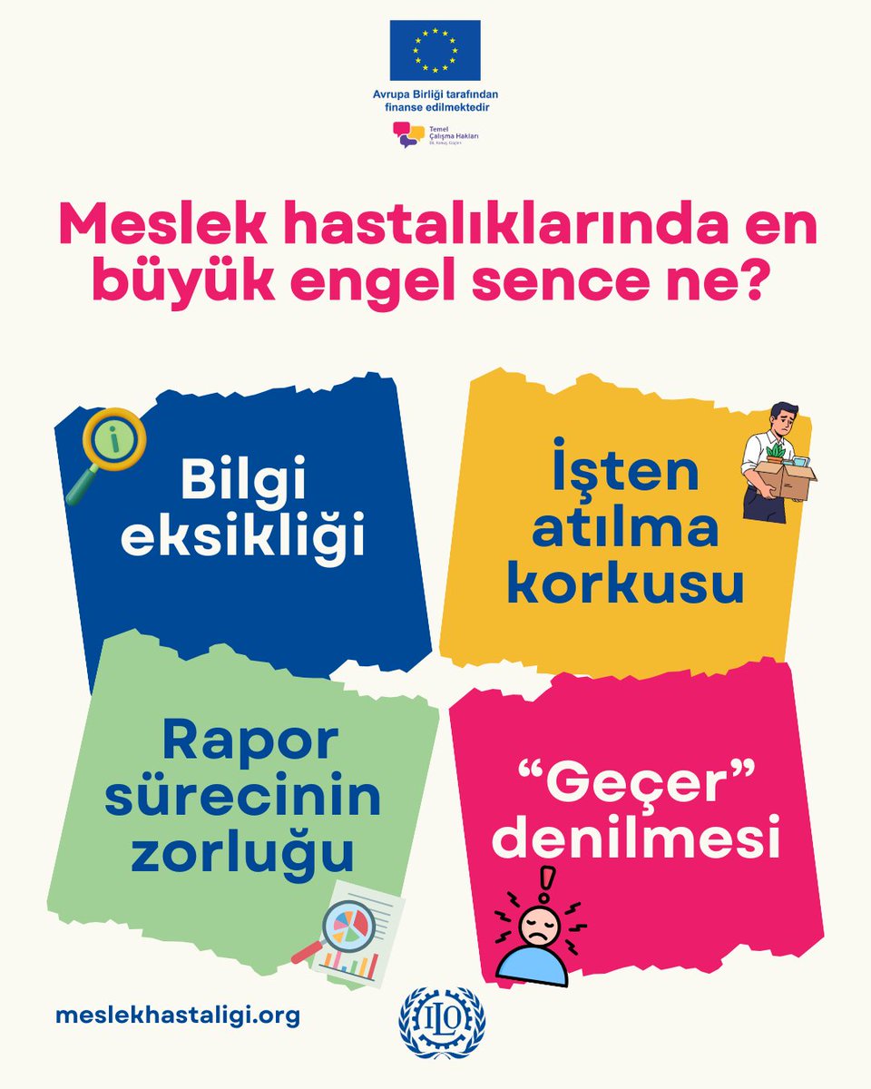 🧠 Meslek hastalığında en büyük engel sence ne?

Bilgi eksikliği mi,
işten atılma korkusu mu,
rapor alma süreçlerinin zorluğu ve uzunluğu mu,
yoksa “geçer” denilmesi mi?

💬 Yorumlara yaz, konuşalım.

#TemelÇalışmaHakları #BilKonuşGüçlen <a href="/iloankara/">ILO Türkiye</a>  <a href="/EUDelegationTur/">AB Türkiye Delegasyonu🇪🇺EU Delegation to Türkiye</a>