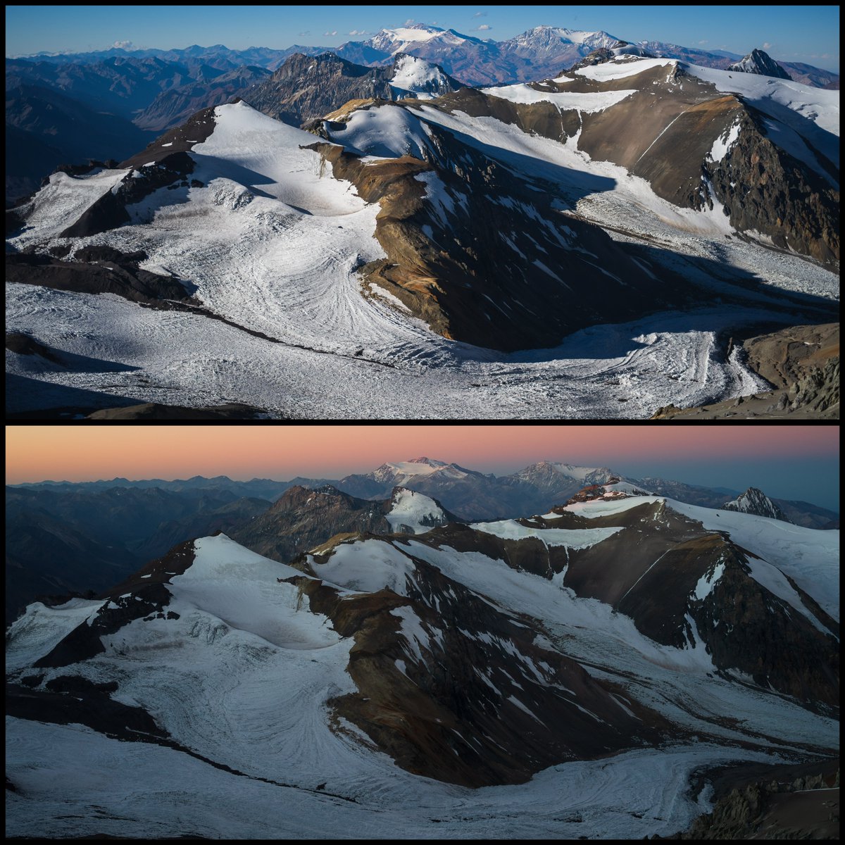 2026/1/5
Daylight / Twilight

Nido de Condores (5520m)での休養日に見晴らしの良い場所を見つけたので時間をずらして撮影した写真のコラージュです。
アコンカグア山頂まではまだ1400m以上標高差がある場所ではあったものの、既に周りの山よりだいぶ高い場所まできていました。

#アコンカグア
