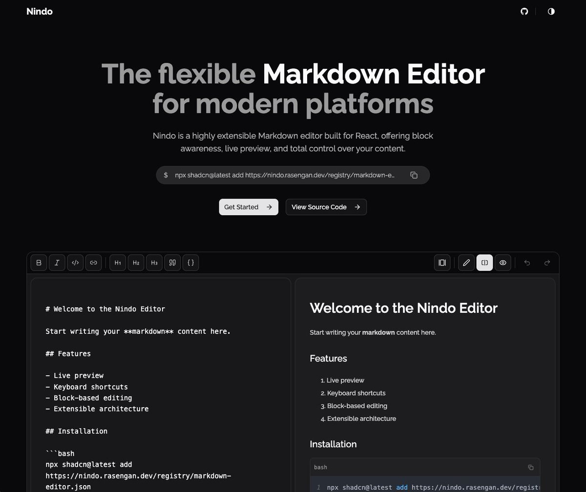 Are you working on a blog app like Medium ?

Are you building a Note app like Notion ?

Or are you working on another project that requires a Markdown editor ?

Let me introduce you Nindo ❤️ 

Nindo is a Markdown Editor powered by <a href="/shadcn/">shadcn</a> 

Docs: nindo.rasengan.dev