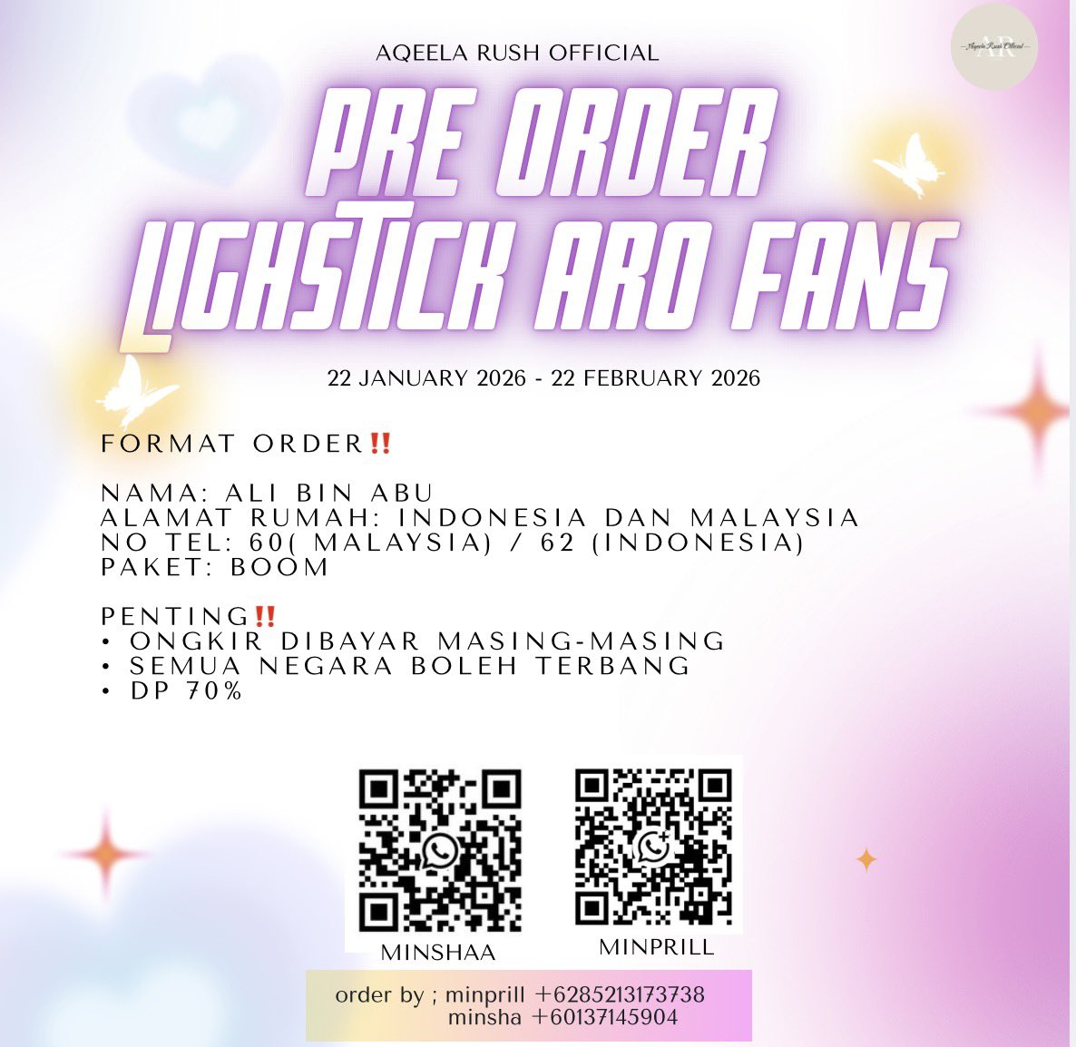 PRE ORDER LIGHTSTICK ARO FANS 💗
Lightstick rasmi ARO kini dibuka untuk tempahan!
Rekaan eksklusif khas untuk semua fans setia ✨

📅 22 Jan 2026 – 22 Feb 2026
💌 Pilih PAKET CHINGU atau PAKET DAEBAK
📲 Tempah sekarang sebelum pre-order ditutup!
#AQEELACALISTA #AROBERSAMAAQEELA
