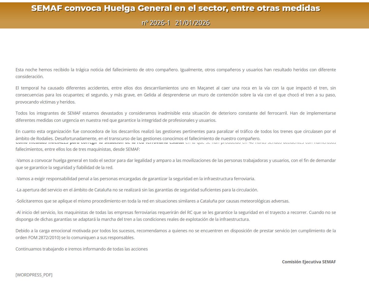 rjlapetra's tweet photo. El Sindicato de #Maquinistas #Semaf ha convocado #huelga general tras los accidentes de tren de #Adamuz y #Gelida
Consideran "inadmisible esta situación de deterioro constante del ferrocarril".
Piden "medidas con urgencia" para la seguridad de profesionales y usuarios https://t.co/QMn1t0FLfm