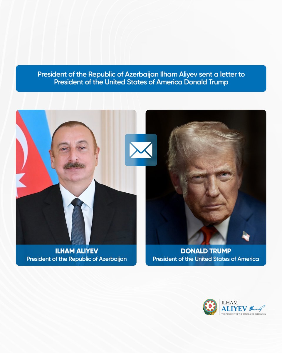 presidentaz's tweet image. President of the Republic of Azerbaijan Ilham Aliyev sent a letter to President of the United States of America Donald Trump.

president.az/en/articles/vi…