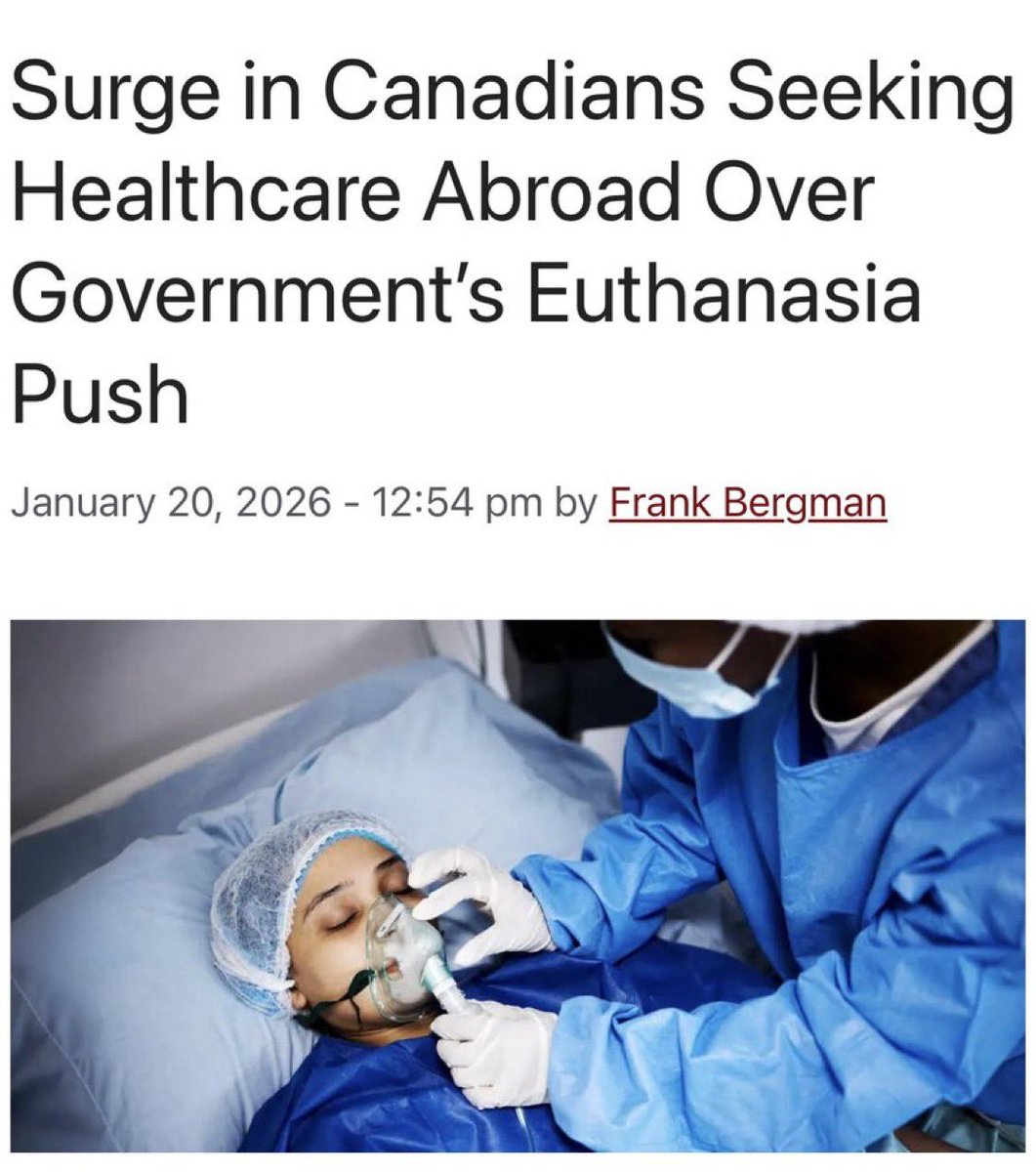 Canada 🇨🇦 🤬⬇️

Une crise inquiétante se profile au Canada, où le système de santé socialisé, contrôlé par le gouvernement, privilégie de manière agressive l'euthanasie aux dépens des soins médicaux.

Le Canada 🇨🇦 a constaté une forte augmentation du nombre de citoyens se rendant