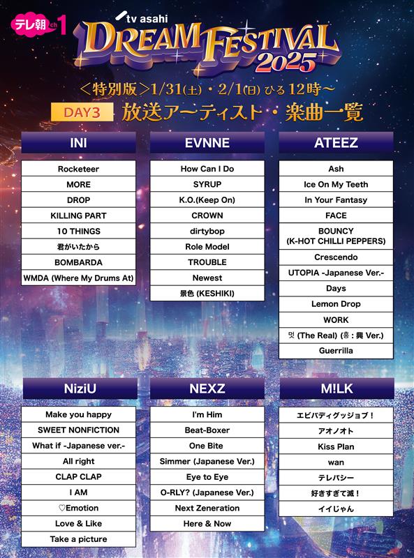 【ch1】
🗓️1/31(土)・2/1(日)ひる12時～
#テレ朝ドリフェス 2025「特別版」✨
||◤　　　　　　　 ◥||
⠀ セットリスト公開
||◣　　　　　　　 ◢||
合計9時間超えの大ボリュームでお届け📺

🔗番組HP
tv-asahi.co.jp/ch/contents/va…
<a href="/tvasa_dreamfes/">テレビ朝日ドリームフェスティバル</a> #テレビ朝日ドリームフェスティバル

#WESTꓸ