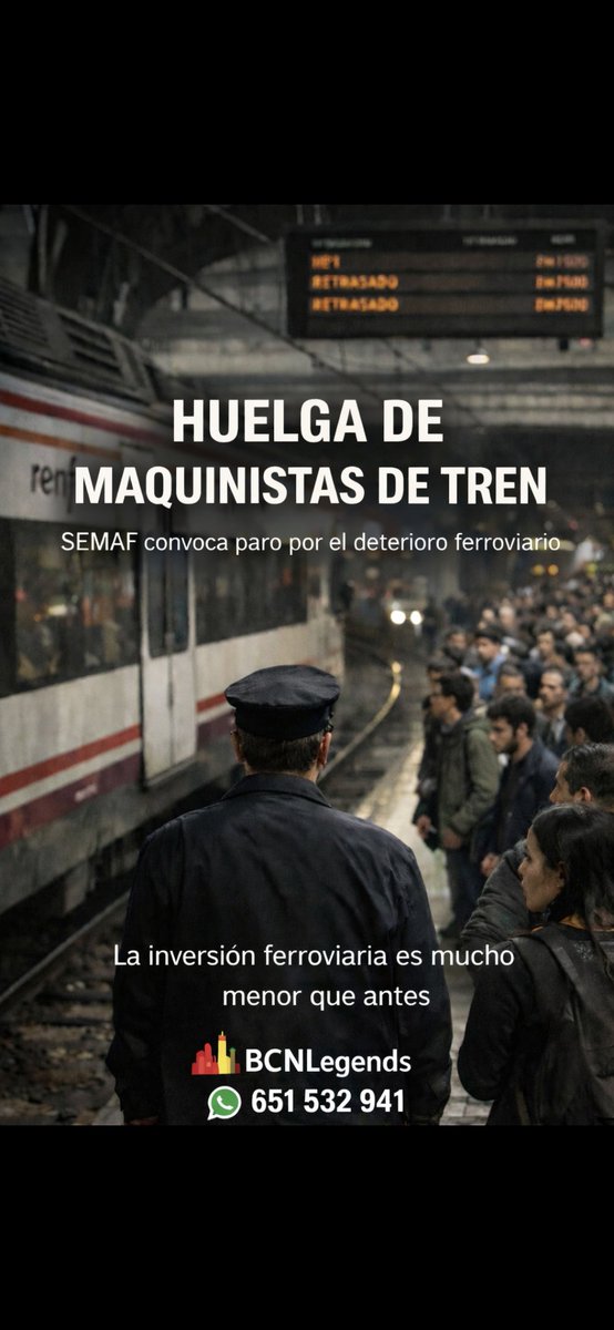 bcnlegends's tweet photo. 🚆 Huelga de maquinistas en España
SEMAF convoca una huelga general y denuncia el deterioro del ferrocarril.
La inversión ferroviaria es hoy mucho menor que en años anteriores, pese al aumento de trenes y viajeros.
📅 21 de enero de 2026
#Huelga #Maquinistas #Trenes #Ferrocarril https://t.co/EkGSJDZOX2