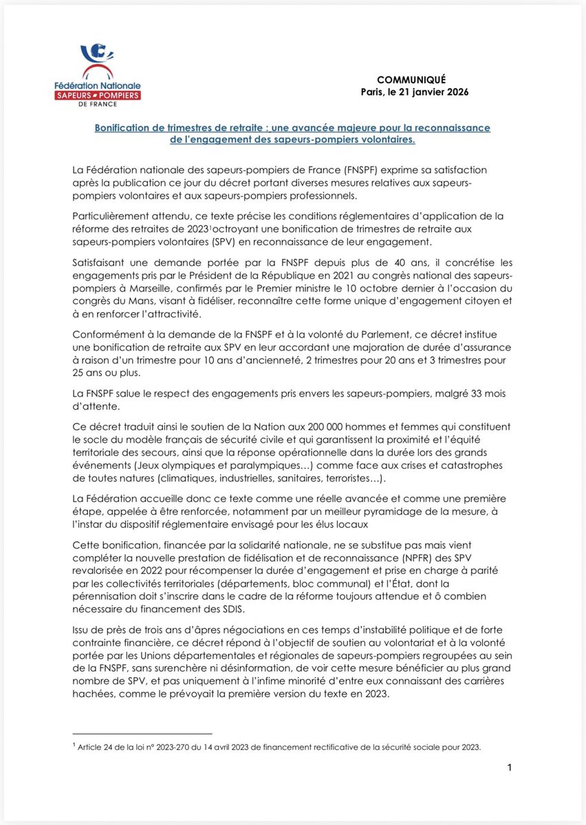 UDSP_49's tweet photo. 📜 Décret n° 2026-18 – 20 janvier 2026
🚒 Bonification retraite

L’UDSP 49 salue la publication du décret renforçant la reconnaissance de l’engagement des sapeurs-pompiers volontaires et professionnels, avec des mesures de bonification de trimestres pour la retraite. https://t.co/yQZ6S301IL