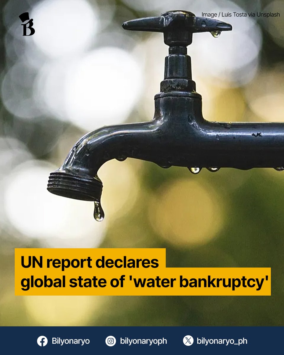 bilyonaryo_ph's tweet photo. The world is entering an era of "global water bankruptcy" with rivers, lakes and aquifers depleting faster than nature can replenish them, a United Nations research institute said on Tuesday.

It argues that decades of overuse, pollution, environmental destruction and climate pressure had pushed many water systems so beyond the point of recovery that a new classification was required.

"Water stress and water crisis are no longer sufficient descriptions of the world's new water realities," read a new report by the UN University Institute for Water, Environment and Health (UNU-INWEH).

READ: https://t.co/2FFcwRLwiR