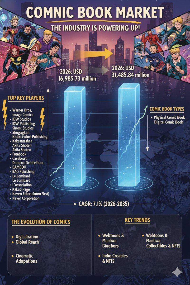 GMS_2024's tweet photo. The #ComicBookMarket is soaring! 💥 From $16.9B in 2026 to $31.4B by 2035 with a 7.1% CAGR. Physical or Digital, what's your favorite way to read comics? 

Download Free Sample @   https://t.co/Rkfsp4WKve

#Comics #Manga #GraphicNovels #FutureOfComics https://t.co/yk5hfZijz0