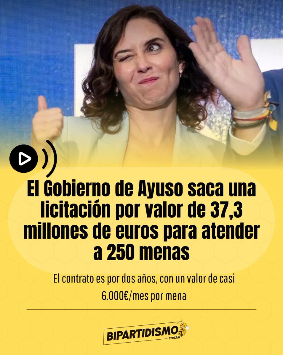 🔴 El Gobierno de Ayuso saca una licitación por valor de 37,3 millones de euros para atender a 250 menas.

El contrato es por dos años, con un valor de casi 6.000 €/mes por mena.