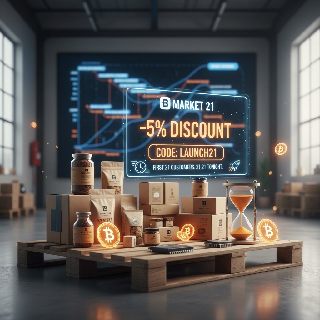 The "21 Challenge" is revealed! ⚡️
​As promised, here is the exclusive surprise for the ₿ Market 21 Beta
 
Launch:
​The first 21 customers to place an order tonight at 21:21 (9:21 PM) will get an immediate 5% DISCOUNT on their order using the code:
​👉 LAUNCH21 👈

​How it