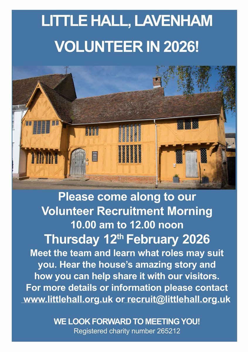 Is volunteering on your 'to do' list in 2026? If so, then look no further. 

Our Volunteer Information Morning is being held on:

Thursday 12th February. 10.00am - 12.00pm

 Please come along and find out more about volunteering at Little Hall .

 #medievalhistory #volunteer