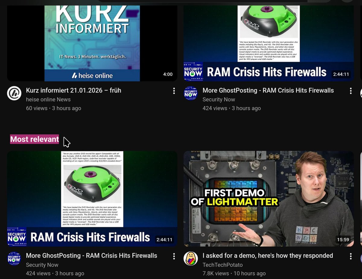platymew's tweet photo. Hey @TeamYouTube!

Get this "Most relevant" SHIT out of my subscriptions feed! 🤬 This is MY feed - i'm well aware what i'm curating for MYSELF!

If you really want to HELP, go fix the recommendations, so that they don't contain stuff i've already watched!

Get off my lawn! https://t.co/nrFIDcARao