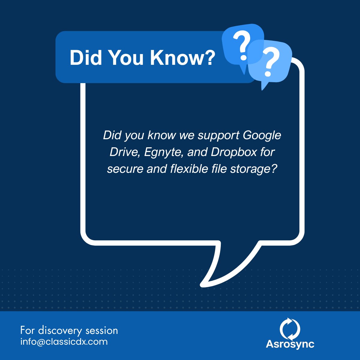 AsroSync's tweet image. Did you know? 

AsroSync supports Google Drive, Egnyte, and Dropbox—giving teams secure, flexible file storage without locking you into a single platform.

For more details visit asrosync.com or call +1 470 707 2943