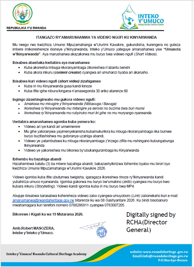🚨📢 ITANGAZO RY'AMARUSHANWA!  

🎯 𝗨𝗺𝘂𝗻𝗼𝘁𝗮 𝘄'#𝗜𝗸𝗶𝗻𝘆𝗮𝗿𝘄𝗮𝗻𝗱𝗮 wagufasha gutsindira ibihembo bishimishije birimo n'𝗮𝗺𝗮𝗳𝗮𝗿𝗮𝗻𝗴𝗮 𝗮𝗿𝗲𝗻𝗴𝗮 𝟴𝟬𝟬,𝟬𝟬𝟬𝗙𝗿𝘄! 🏆

#TunozeIkinyarwanda

▶️Soma iri tangazo umenye ibisabwa: 👉👉 bit.ly/4a3YGq6
