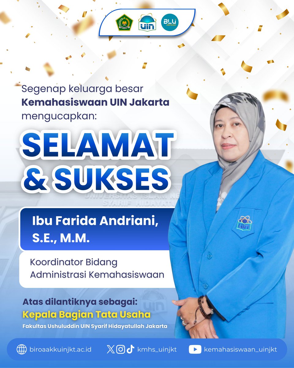 Halo Sobat Kemasis 🙌

Selamat dan sukses kepada Ibu Farida Andriani, S.E., M.M. atas pelantikan sebagai Kepala Bagian Tata Usaha Fakultas Ushuluddin UIN Syarif Hidayatullah Jakarta

Semoga senantiasa diberi kelancaran dalam mengemban amanah dan terus menginspirasi 

#Pelantikan