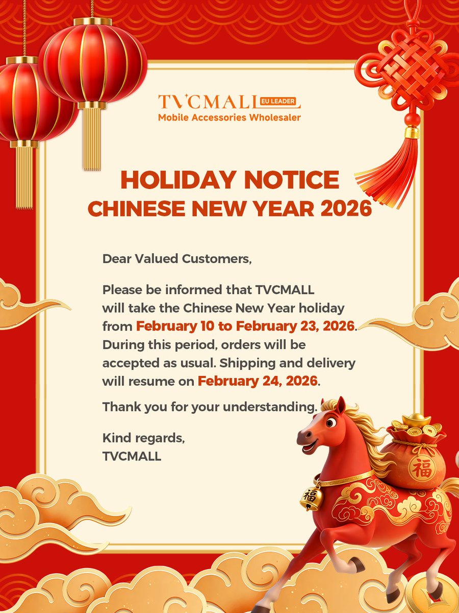 TVCMALL will be on Chinese New Year holiday from Feb 10–23, 2026. Orders  will be accepted as usual, and shipping will resume on Feb 24. Thank you  for your continued support, and
