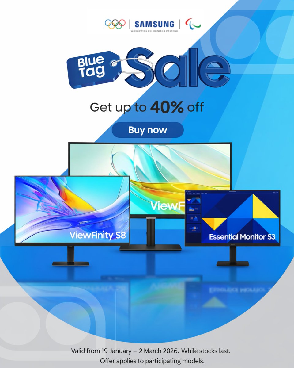 lootcoza's tweet image. Samsung’s BlueDot Sale ends 31 January 2026. Upgrade with the 32" M7 4K Smart Monitor, ViewFinity 34" ultrawide USB-C, 32" ViewFinity S8 UHD, or S3 24"/27" FHD 100 Hz monitors—perfect for work and play.