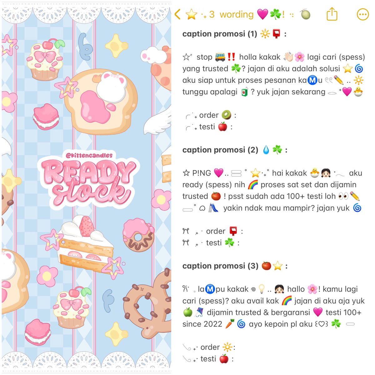 kittencandles's tweet image. 🍎 “PEEP — 🅿️EEP” .. !! 🚌✋
help repost mate! thankie 🐣🩷

haii 👋🏻☘️ ! hari ini judith bawain 6 CAPTION PROMOSI ready stock ✏️🌈 &amp;lt;3 with price only 5.500 / each ajah lho ‼️🍏 ayo jajan sekarang 🔆 &amp;gt;__&amp;lt; pemesanan bisa lewat dm atau tele ya!

tags 🍅 : #zonauang #zonaba