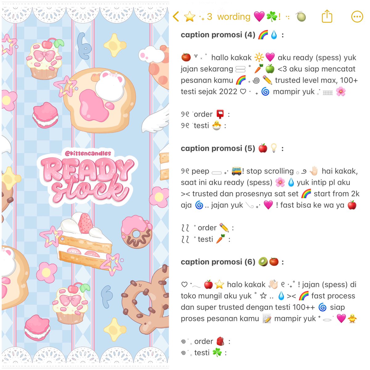 kittencandles's tweet image. 🍎 “PEEP — 🅿️EEP” .. !! 🚌✋
help repost mate! thankie 🐣🩷

haii 👋🏻☘️ ! hari ini judith bawain 6 CAPTION PROMOSI ready stock ✏️🌈 &amp;lt;3 with price only 5.500 / each ajah lho ‼️🍏 ayo jajan sekarang 🔆 &amp;gt;__&amp;lt; pemesanan bisa lewat dm atau tele ya!

tags 🍅 : #zonauang #zonaba