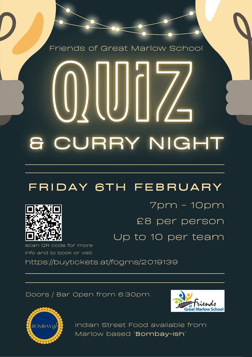 FoGMS Quiz Night takes place on Fri 6th Feb. Teams of up to 10 can compete for a cash prize and Best Team Name, with smaller groups welcome.
The quiz will be hosted by GMS parent Robbie Wratten, with Indian street food available from Bombay-ish. Bring friends for a fun evening.