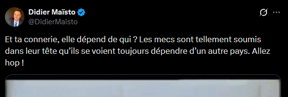 Ah le <a href="/DidierMaisto/">Didier Maïsto</a> il a du courage à bloquer quand les mots visent juste ;) 

Je ne demande de dépendre de personne, mais techniquement sans la Chine, c'est l'age de pierre Didier... les batteries pour ton vibro Didier, elles viennent d'où ? 

Merci du blocage, un con en moins.