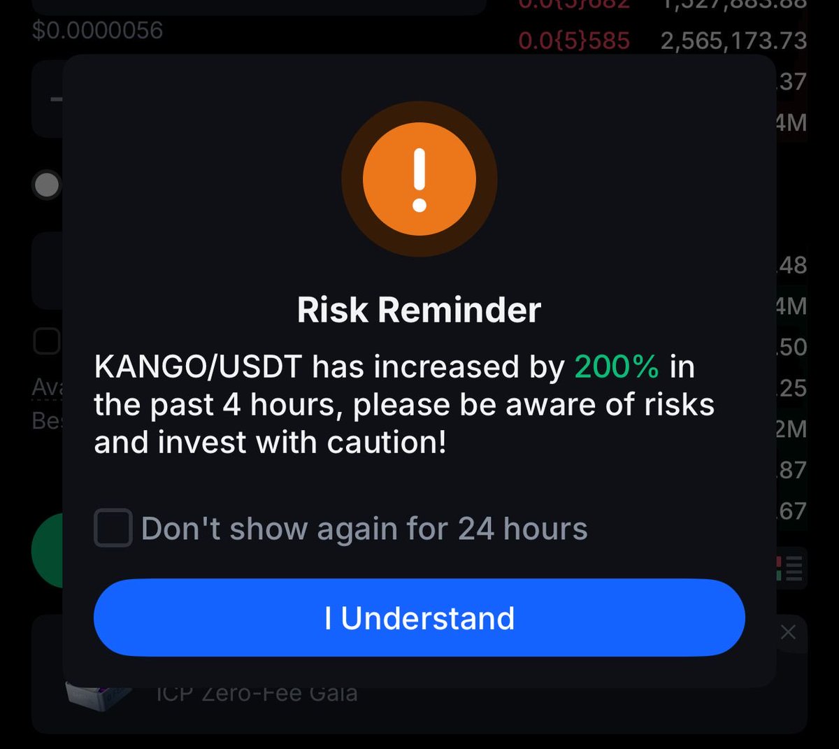 KANGO up 200% in 4 hours and the exchange pops up a risk reminder like that’s going to stop us.
Imagine being scared of green candles now… wagmi 🦎🚀 #KANGO #Crypto
<a href="/KANGO_ON_KAS/">KANGO</a>