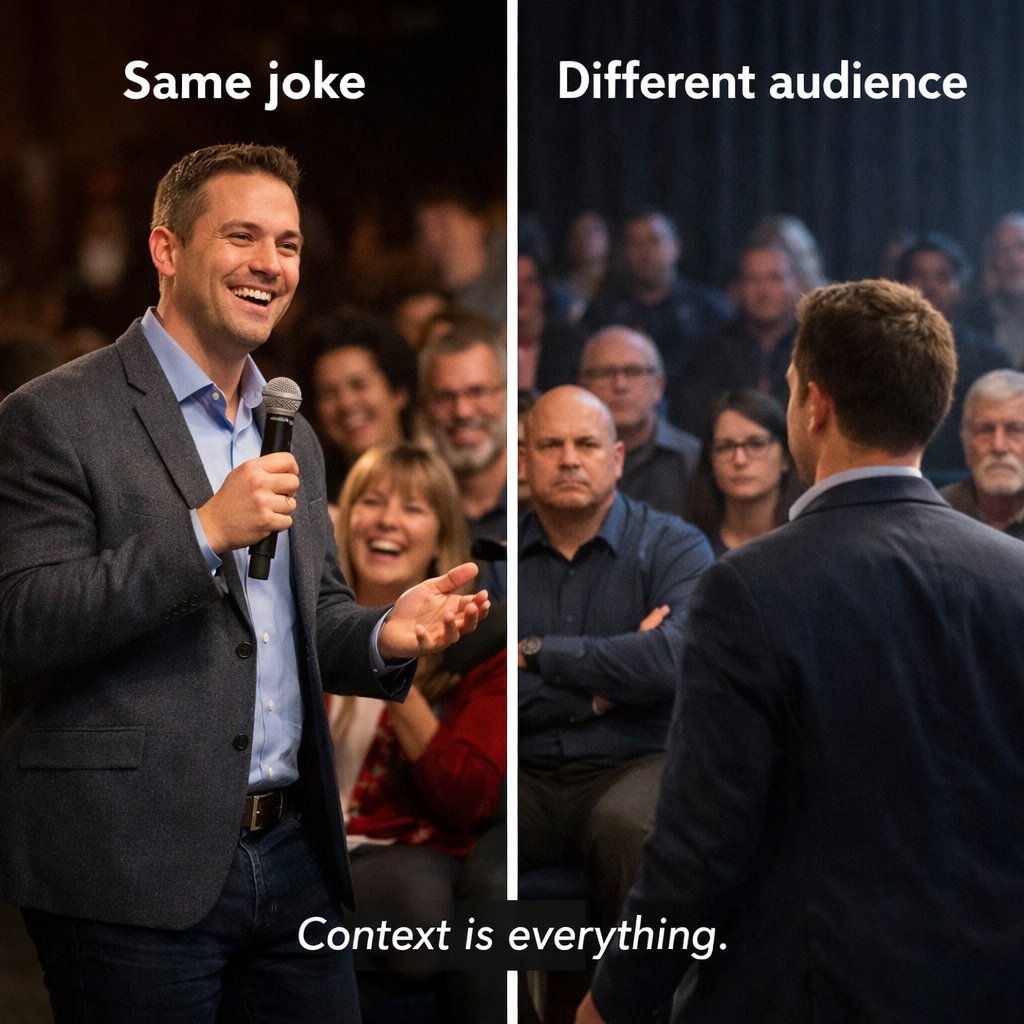 VirtualOrator's tweet image. Ever notice how the same joke can kill in one room…
and completely flop in another?

That’s not bad humor.
That’s different audiences.

Context is everything.

#Communication #PublicSpeaking #ObservationalHumor #Audience