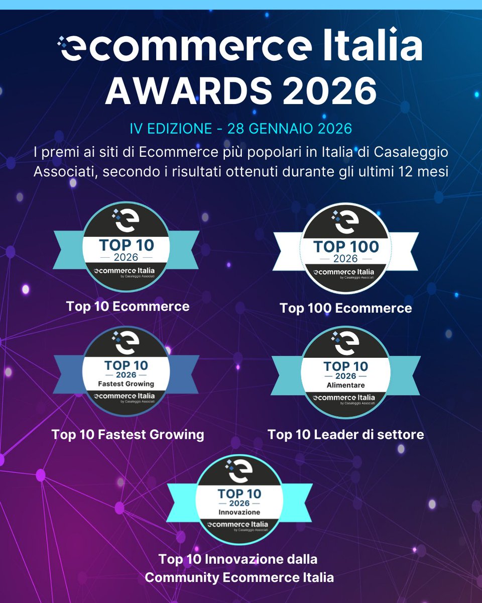🏆Il 28 gennaio in un evento online dedicato verranno svelati i vincitori degli Ecommerce Italia Awards 2026: un riconoscimento dedicato ai siti più popolari e innovativi tra le imprese italiane che vendono online.

Scopri i dettagli: ecommerceitalia.info/ecommerce-ital…