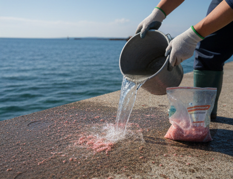 釣りが終わったら、コマセで汚れた釣り場をバケツの水で綺麗に洗い流すのがマナー。放置すると悪臭の原因になり、釣り禁止の原因にもなりかねません。次に使う人も気持ちよく過ごせるよう、来た時よりも美しく。自分たちの遊び場は自分たちで守りましょう。🧹🌊  #アジ釣り