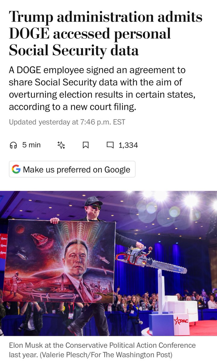 "A secret agreement between a DOGE employee and an unidentified political advocacy group. The agreement called for sharing Social Security data with the aim of overturning election results in certain states."

Oh.