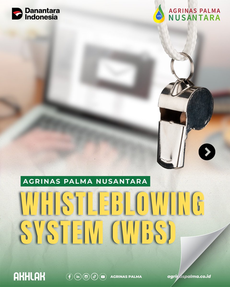 Keberanian melapor adalah bentuk kepedulian. Melalui Whistleblowing System (WBS), Agrinas Palma Nusantara menyediakan ruang aman dan rahasia untuk melaporkan dugaan pelanggaran.

Menjaga integritas berarti menjaga masa depan bersama.
#whistleblowingsystem #AgrinasPalmaNusantara