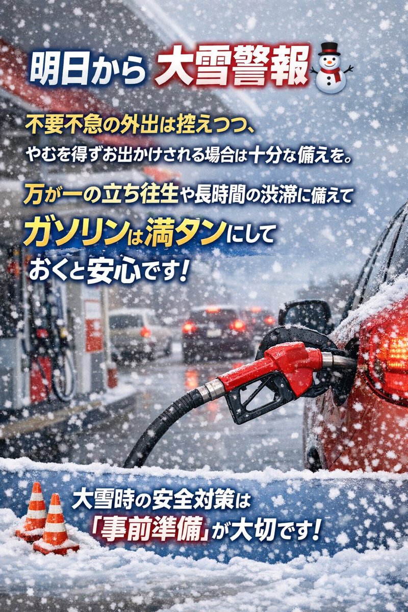 yagiya_dynamic's tweet photo. [大雪情報]

明日から大雪警報☃️
不要不急の外出は控えつつ、やむを得ずお出かけされる場合は十分な備えを。
万が一の立ち往生や長時間の渋滞に備えて、ガソリンは満タンにしておくと安心です。
大雪時の安全対策は「事前準備」が大切です。
ご来店お待ちしております！

#BoostXproject 
#ヤギヤエンタープライズ 
#ダイナミックヤギヤSS 
#2026年 
#年中無休 
#高岡インター近く 
#24時間営業 
#スタッフ募集 
#大雪 
#タイヤ点検
#特売

<Booster nobu / Boost X projectの仕掛人>
@booster_nobu

note: https://t.co/bSqBfeKwwW
            
<Boost X project / 地域活性化プロジェクト>
@booster_nobu 
<高道SS / 富山県砺波市>
@yagiya_takando