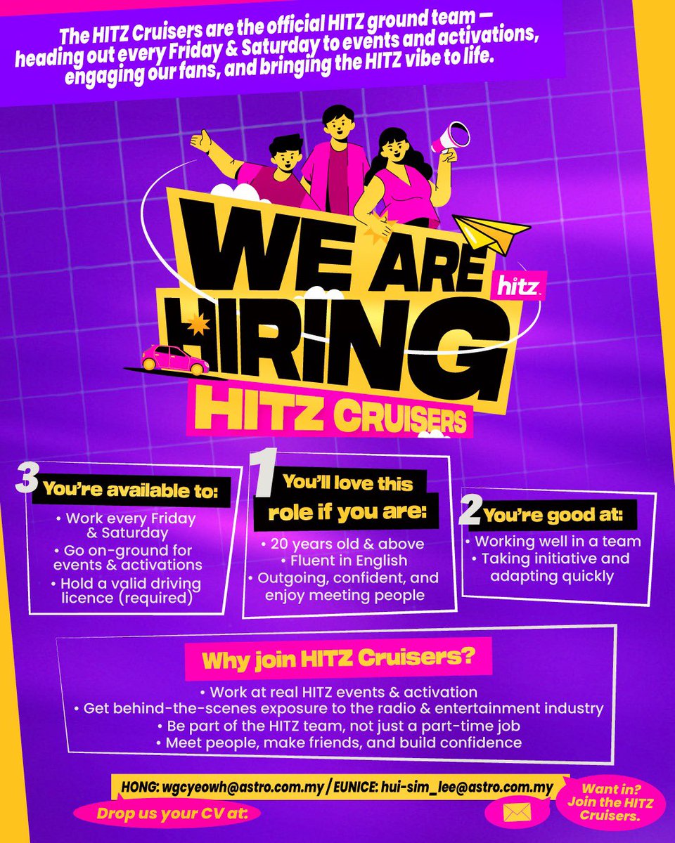 hitzdotmy's tweet photo. WE’RE LOOKING FOR HITZ CRUISERS 🔥

Always want to be part of our team? 😏
If you’ve got the vibes, the energy, and love talking to people, come thru!

#HITZCruisers 
#HITZ https://t.co/EcWQCpNtGs