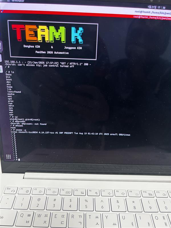 Verified! <a href="/heehee_0219_/">김동희</a> and <a href="/kimjor22/">kjg</a> of Team K exploited two vulnerabilities - an out-of-bounds read and a stack-based buffer overflow - against the Alpine iLX-F511, earning $10,000 USD and 2 Master of Pwn points. #Pwn2Own #P2OAuto