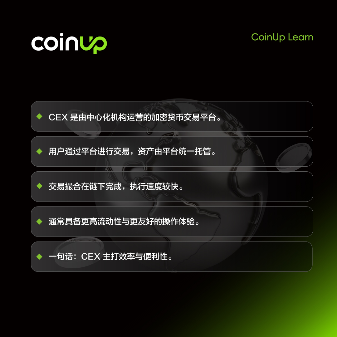📚 #CoinUpLearn 小课堂｜第11 期💡 什么是CEX？ 🔹 CEX（中心化交易所）是由中心化机构运营的加密货币交易平台🔹  用户通过平台进行交易，资产由平台统一托管