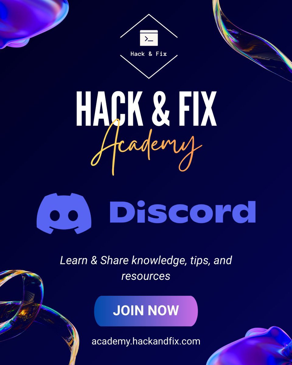 hack_and_fix's tweet photo. 🚀 We’re Live on Discord! 🎉

Hack &amp; Fix Academy is excited to announce the launch of our official Discord server. 
💡 Join us today and be part of the Hack &amp; Fix Academy community!
https://t.co/P7zFLMTr4q 

#CyberSecurity #LearningCommunity #HackAndFixAcademy #DiscordCommunity https://t.co/YtE7qtNgFJ