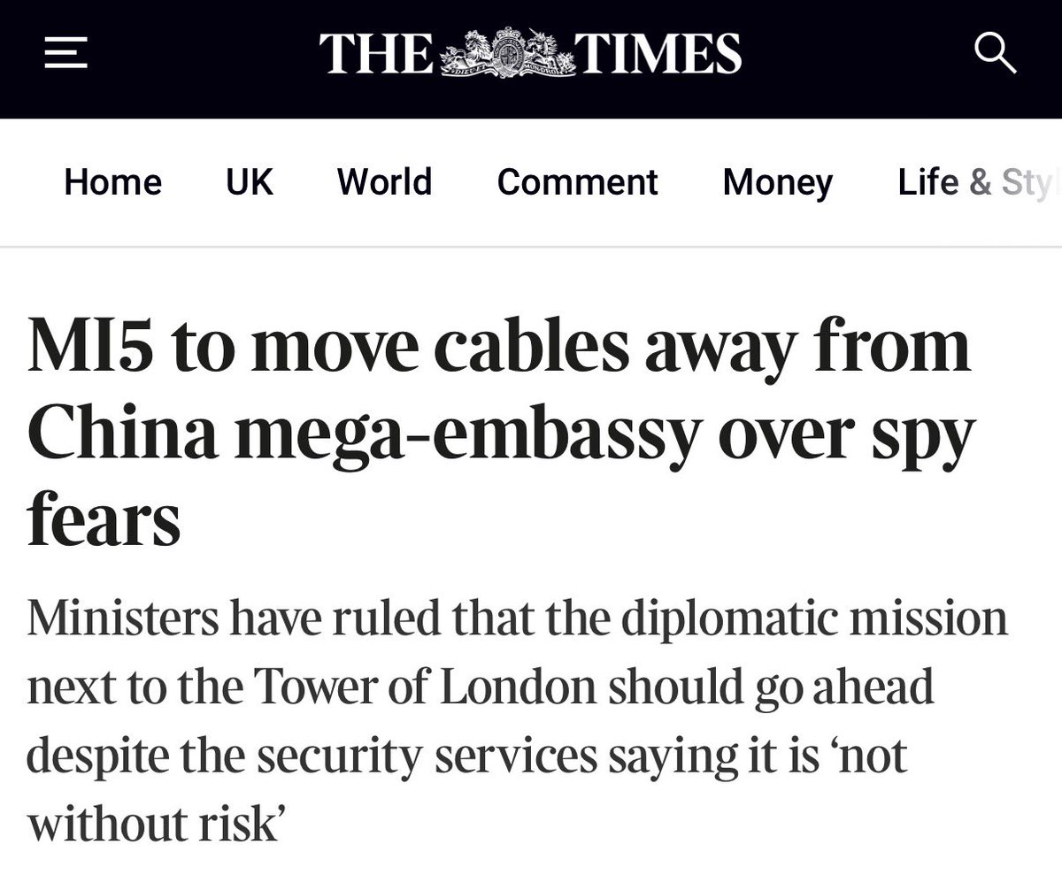 alanmendoza's tweet image. Only in broken Britain does it make sense to relocate sensitive data cables away from a hostile power - at tremendous cost to the taxpayer and with disruptive potential to business - rather than refusing to allow a Chinese spy embassy to be built in the first place. What a mess.