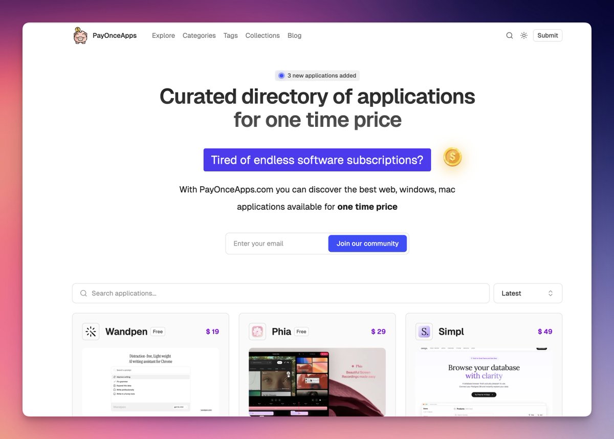 I’ve finally migrated payonceapps.com to the excellent Dirstarter by <a href="/piotrkulpinski/">Piotr Kulpinski</a>.

I’m really impressed by the quality of the code, the UX and design, and all the thoughtful little features Piotr has built in. Fantastic work! 🫶