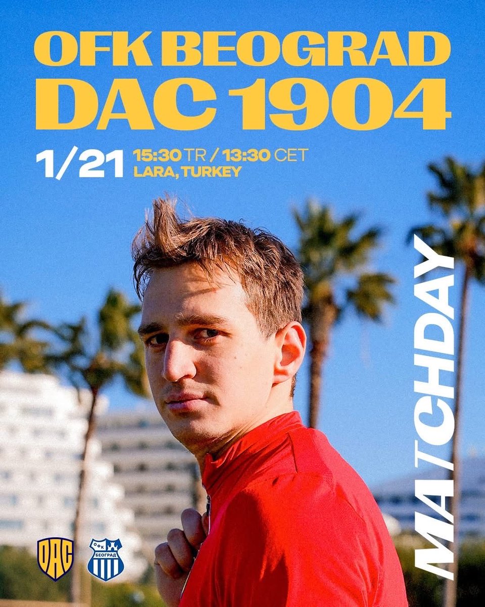 𝗠𝗔𝗧𝗖𝗛𝗗𝗔𝗬! ⚽️Hajrá DAC! 
DAC 1904 🆚 OFK Beograd
🏟️ Lara, Turkey
🏆 International friendly
🕖 15:30 TR / 13:30 CET
💛💙 Good luck!

 #dac1904 #matchday #hajradac #mindigegyütt #vždyspolu