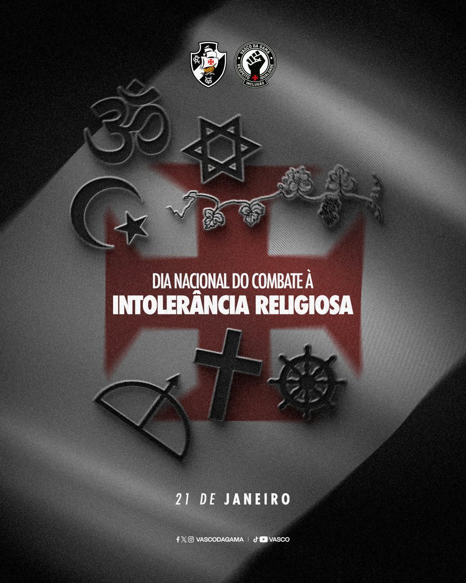 21 de janeiro • Dia Nacional de Combate à Intolerância Religiosa

Pelo livre arbítrio de seguir com suas crenças.
Pelo respeito a todas as religiões e credos.

#VascoDaGama