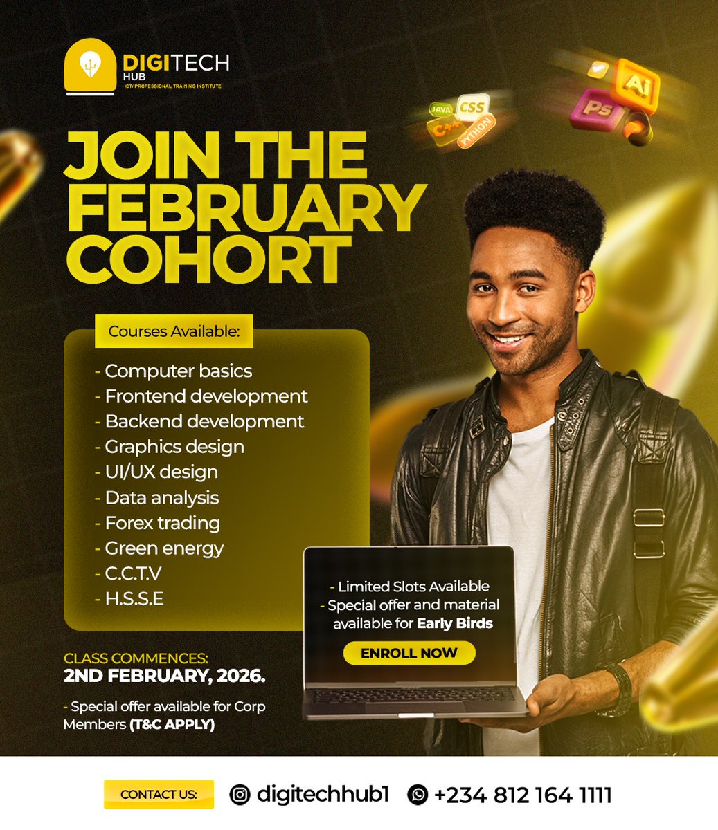 digitecinfotech's tweet photo. Join DigiTech Hub’s February Cohort and learn in-demand tech skills: Coding, Graphics, UI/UX, Data Analysis, Forex, CCTV &amp; more.

🎓 Special discount for Corp members (T&amp;Cs apply)

📅 Starts: 2nd Feb 2026

🎯 Limited slots available 

 160 Melford Okilo Road

📞 0 812 164 1111 https://t.co/udearTvV7q