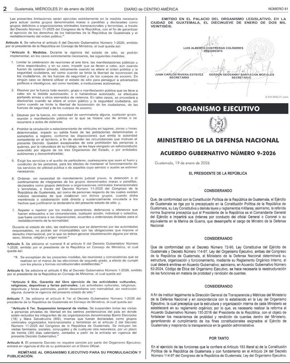 Congreso de la República oficializa la ratificación del Estado de Sitio, con el Decreto 1-2026